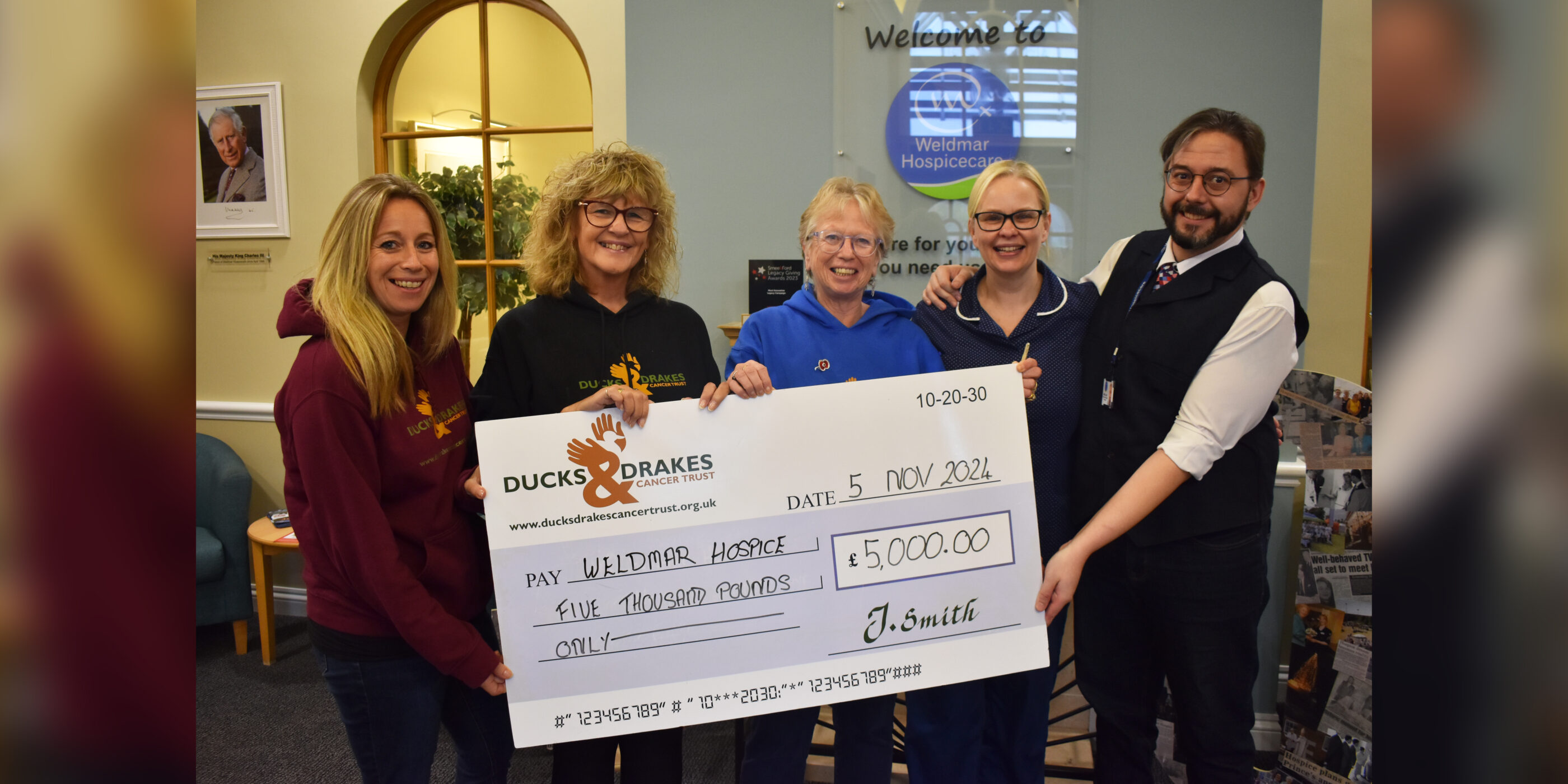 Ducks and Drakes Cheque for the new digital system to help manage medicines for Weldmar patients