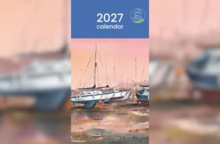 The front of the Weldmar Hospicecare 2027 calendar. Featuring an watercolour painting of boast in a harbour.