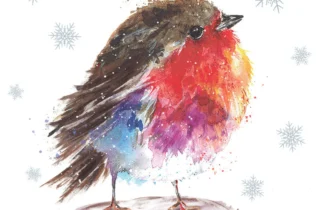 A watercolour design of a robin sat on a log, with snowflakes falling around them.