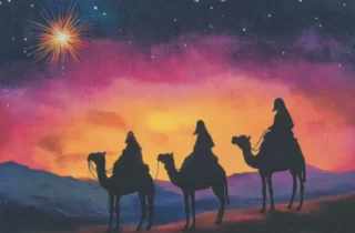 The Three Wise Men riding camels in the desert, with a star in the sky. Text on the front of the card reads Folllowing Yonder Star.