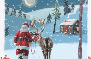 A snowy forest scene. Santa is walking a reindeer towards a wooden cabin.