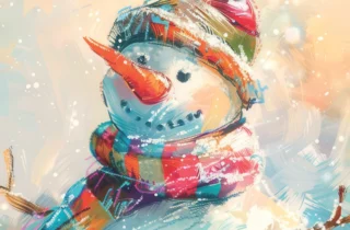 A drawing of a snowman wearing a colourful red and green hat and scarf.