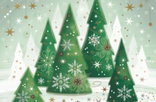 A group of green trees covered in sparkles, snowflakes and stars. The background is a green/gray hue with gold, white and silver stars and baubles.