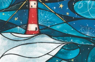 A stained glass style drawing, depicting a snowy sceen of a lighthouse shining it's light out into the water.